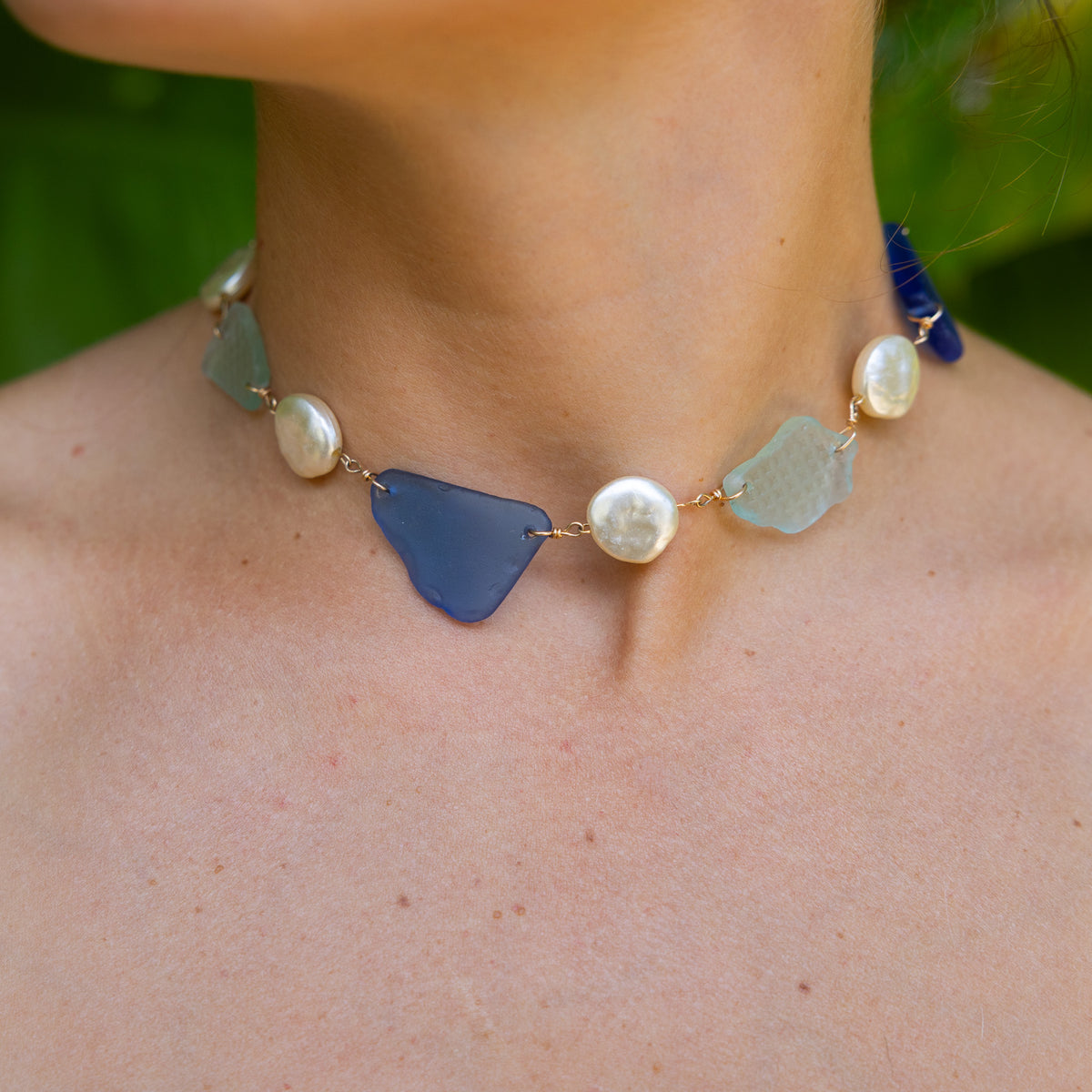 Gold Filled Dark Blue Pearl Sea Glass necklace