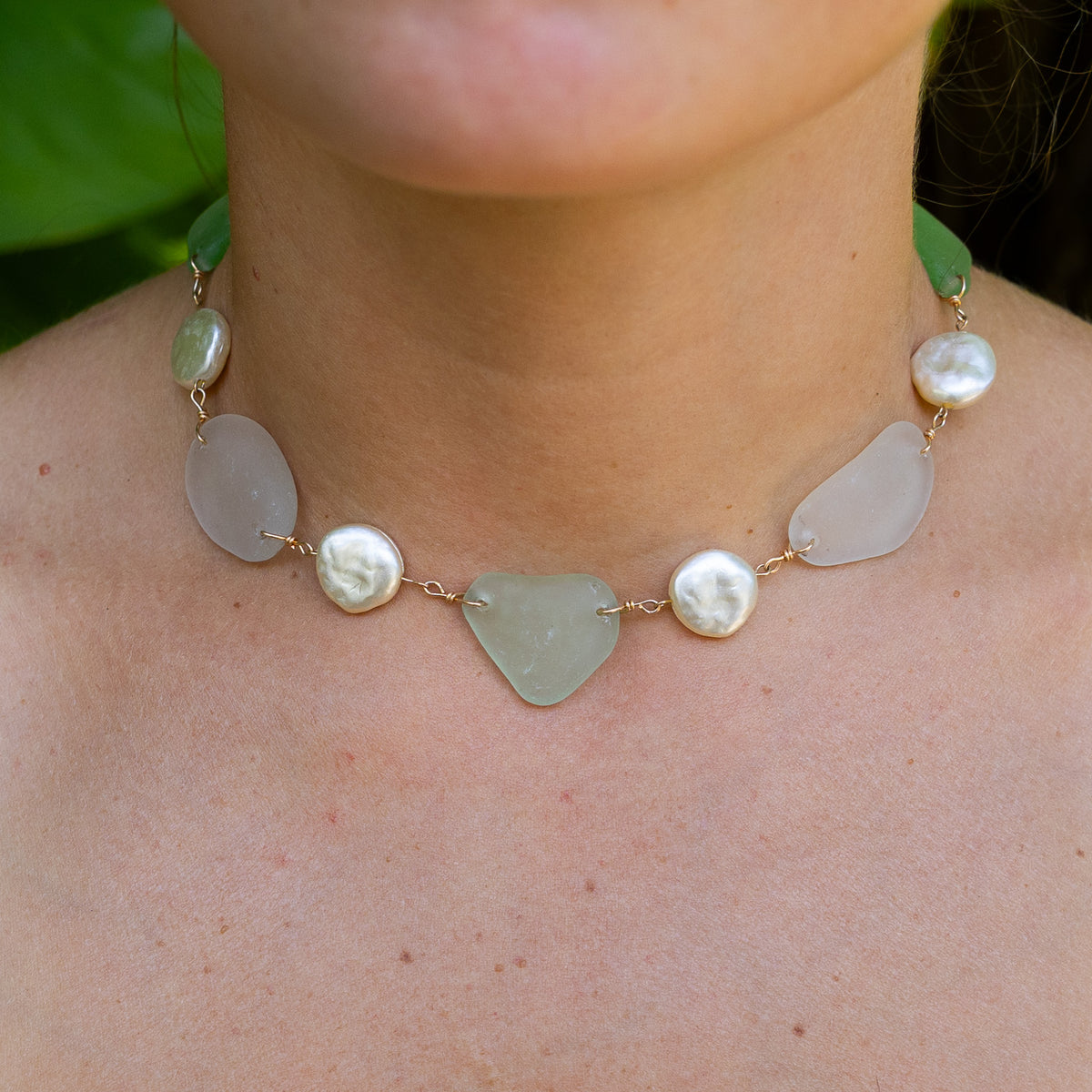 Gold Filled Seafoam Pearl Sea Glass Necklace (Multiple to choose from)