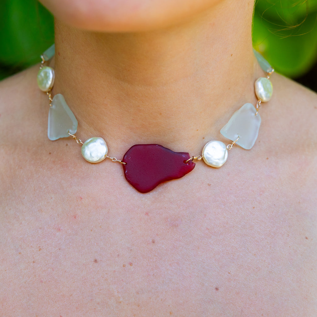 Gold Filled Red Sea Glass Necklace