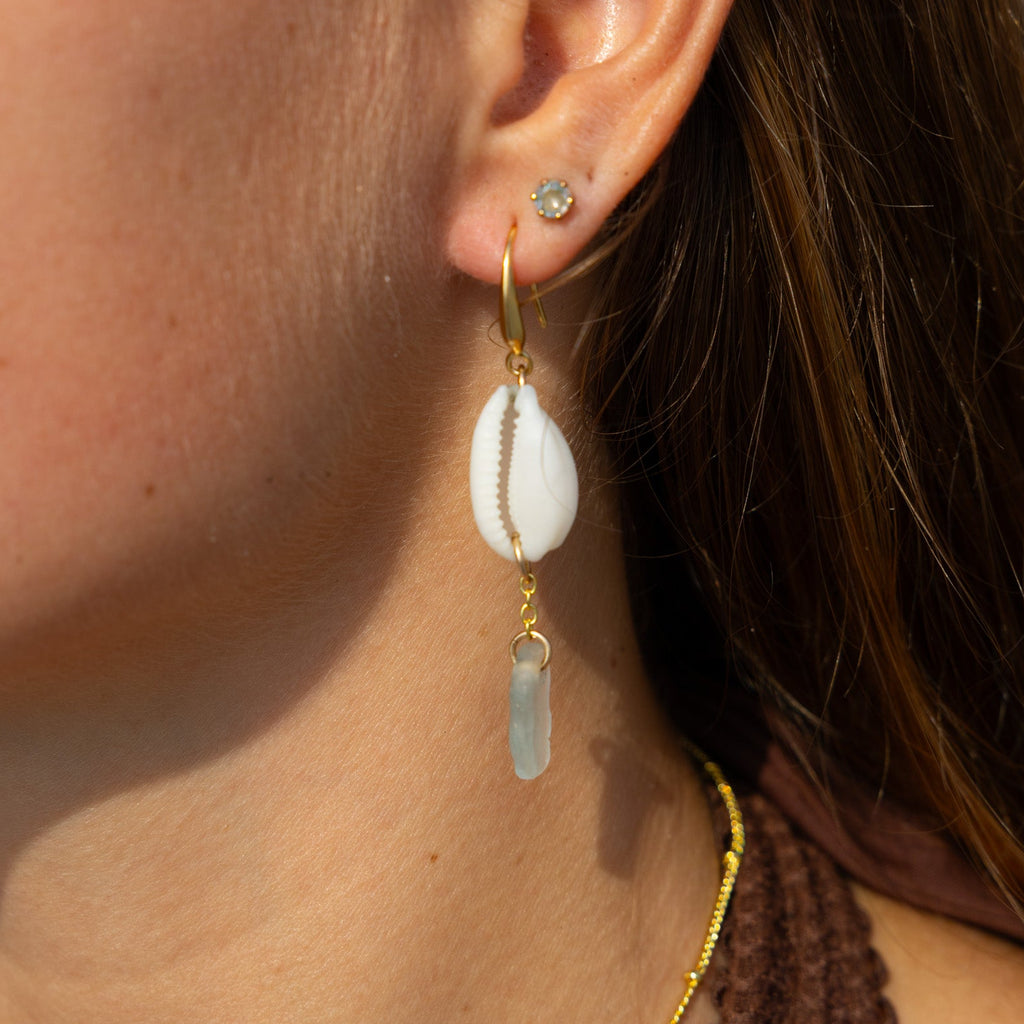 Ocean Breeze Sea Glass Cowrie Earrings (Multiple colors to choose from)