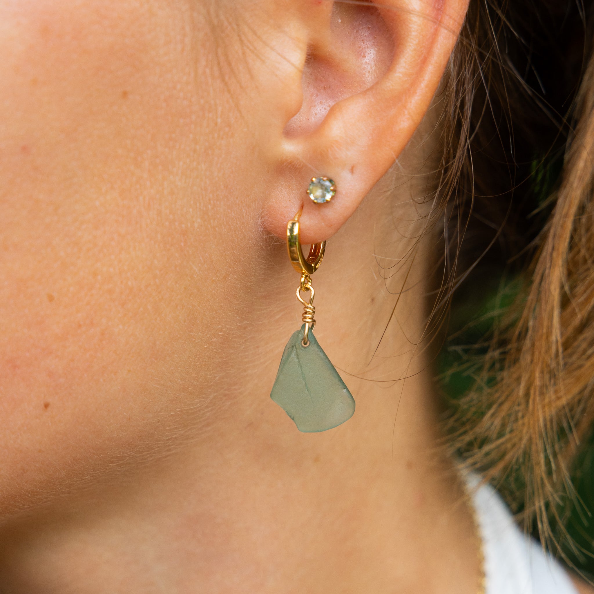 Gold Filled Aqua Sea Glass Earrings