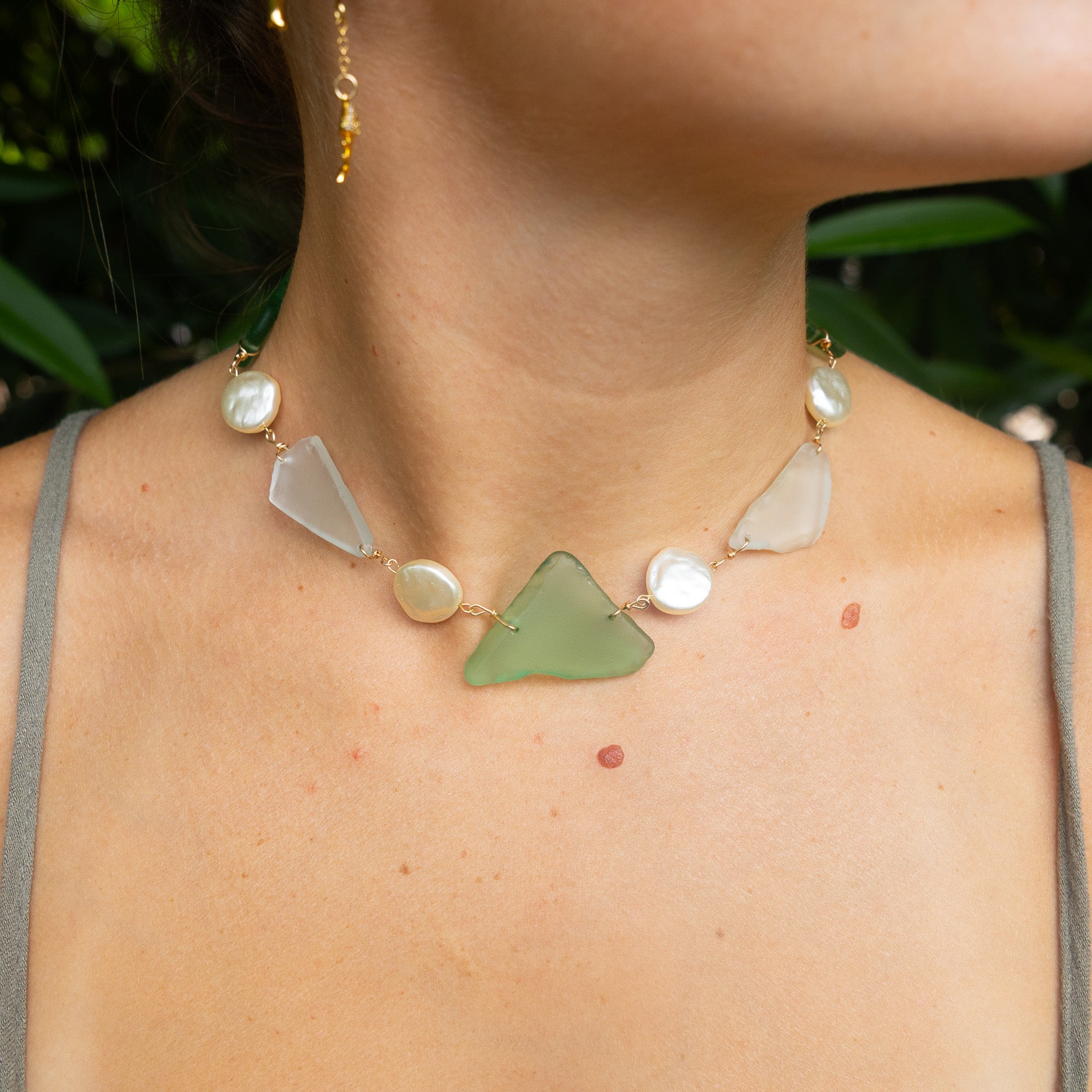 Gold Filled Seafoam Pearl Sea Glass Necklace