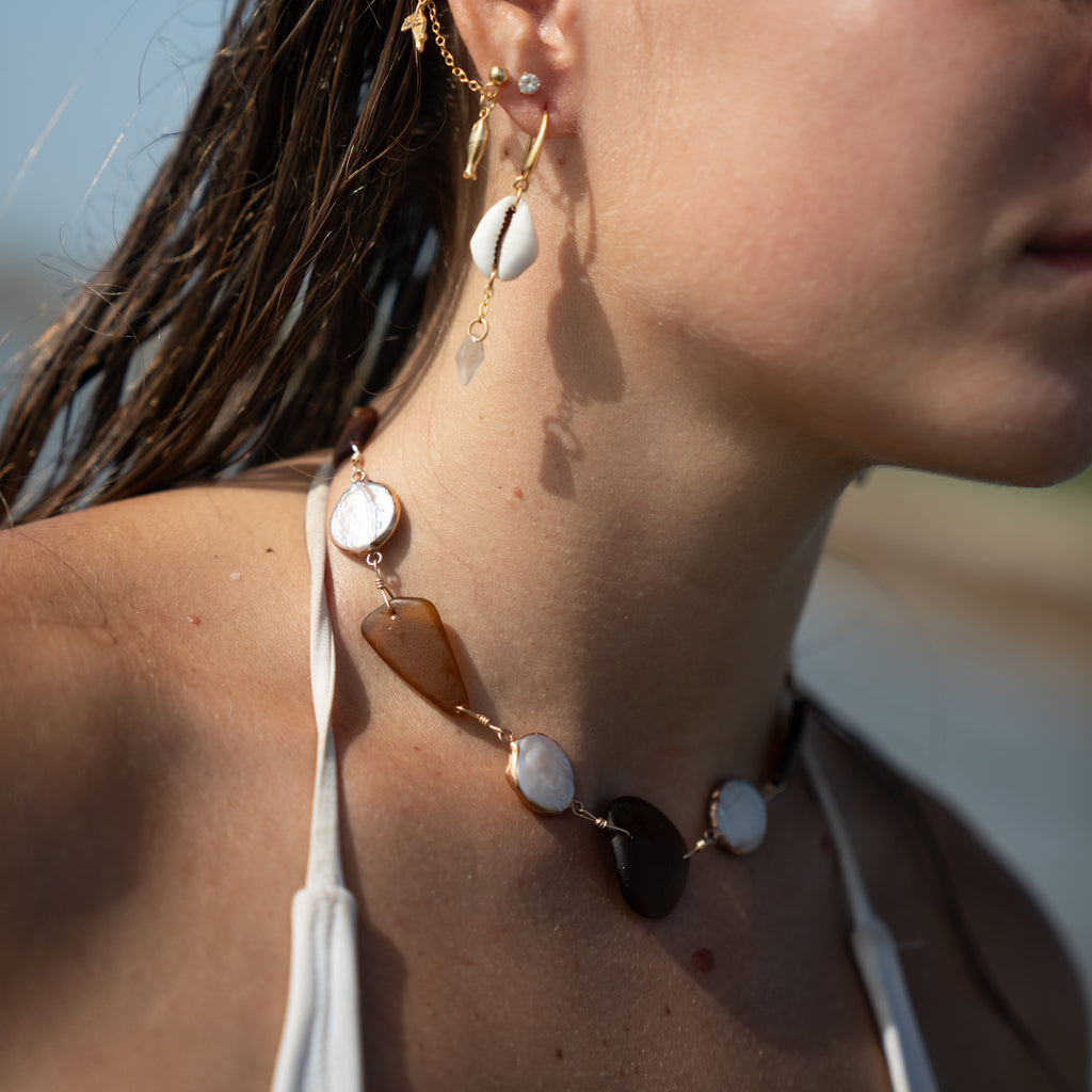 Gold Filled Brown Pearl Sea Glass Necklace