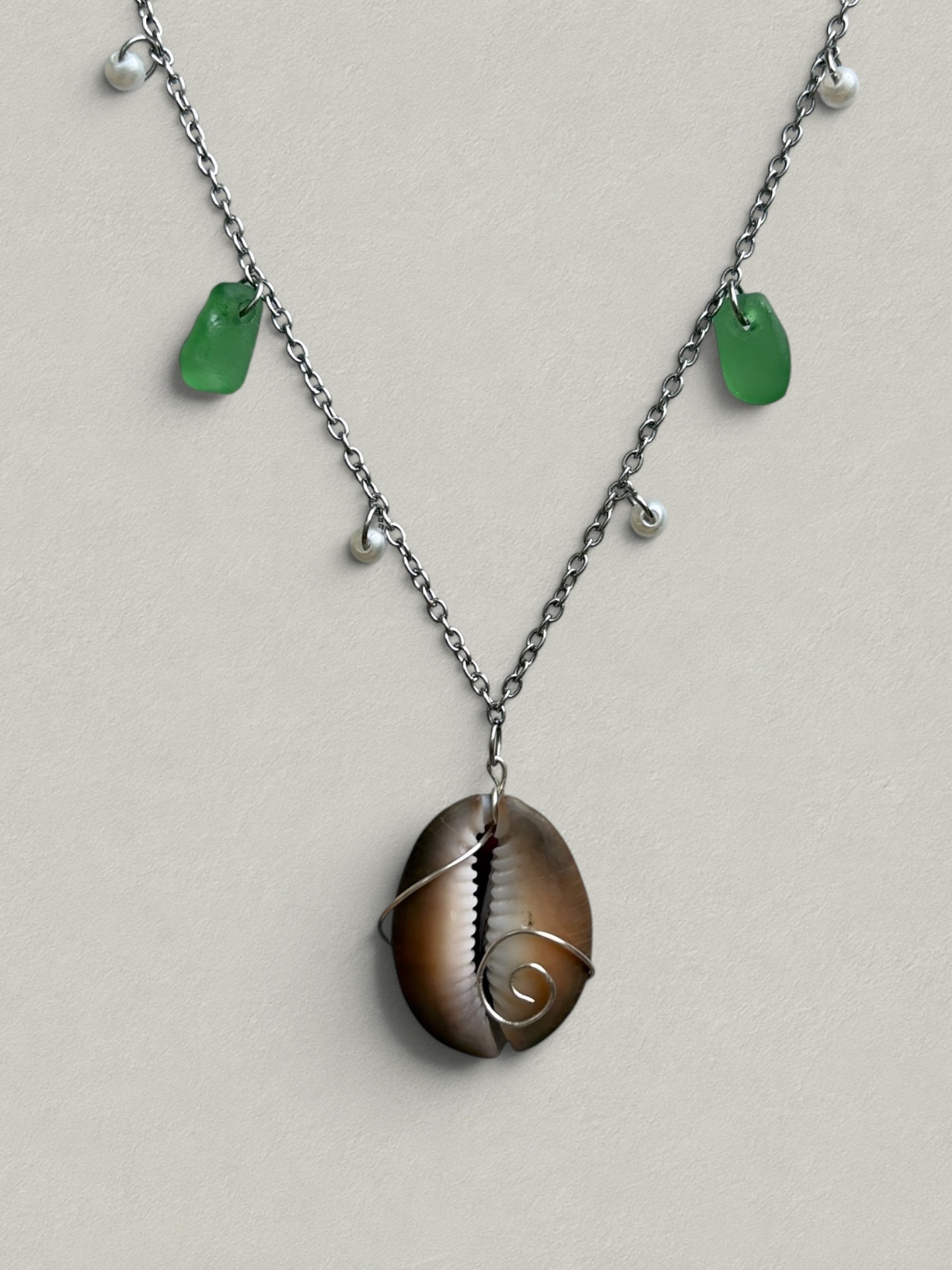 Cowrie & Sea Glass Spiral Necklace