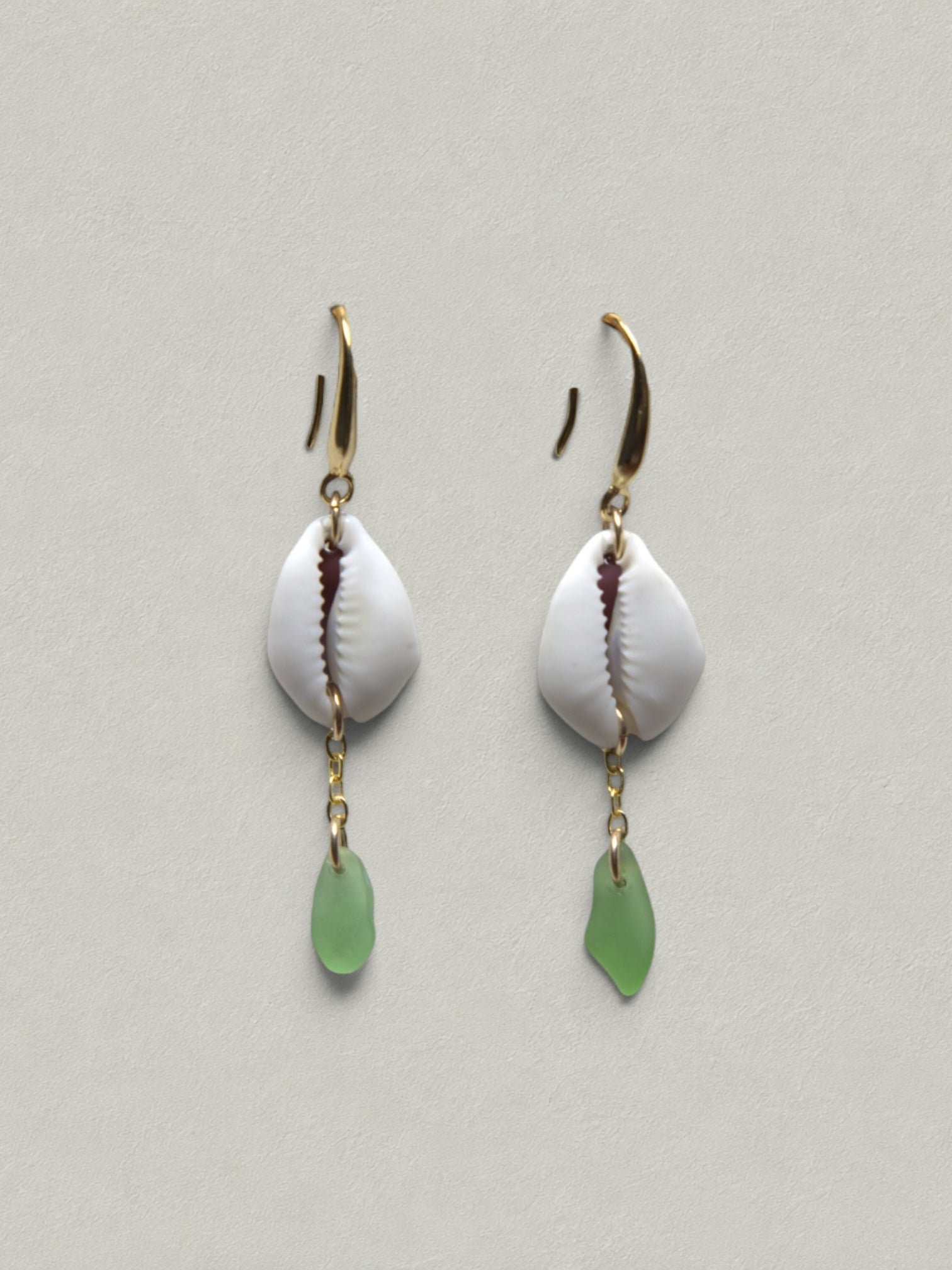 Emerald Tide Sea Glass Cowrie Earrings